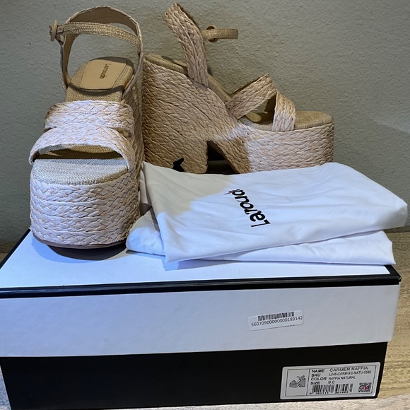 NEW Larroude Carmen 145mm Raffia Platform Sandals Size 9 Natural Beige Open Toe - Picture 9 of 11